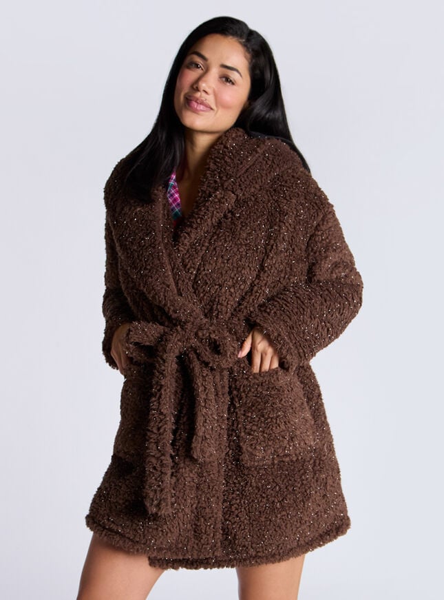 Boux Avenue Fluffy Borg Reindeer Short Dressing Gown - Chocolate