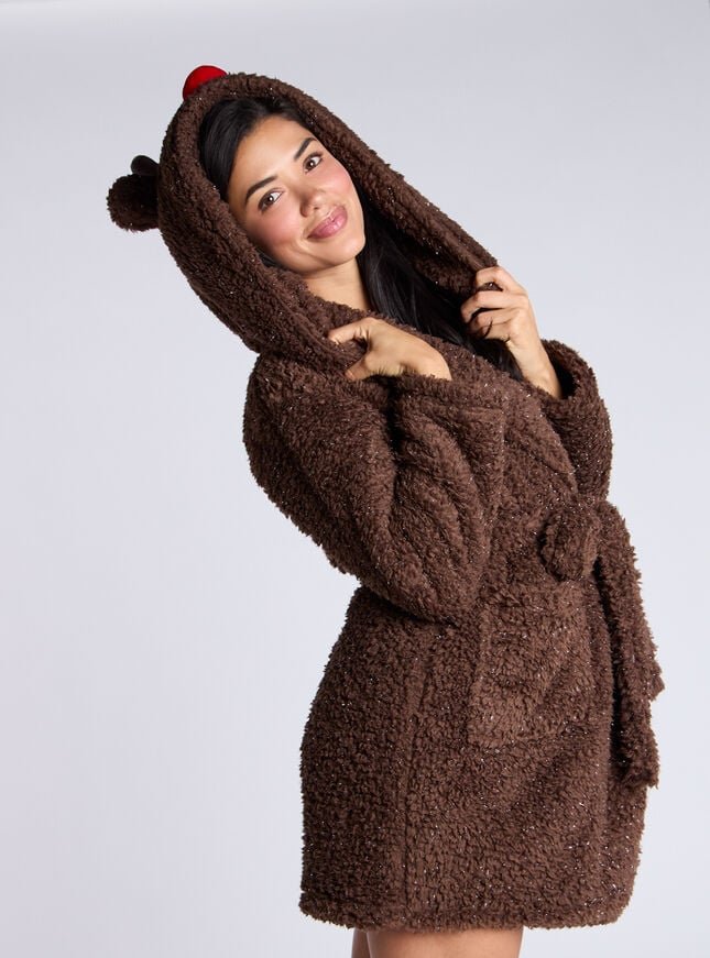 boux avenue Fluffy borg reindeer short dressing gown - Chocolate