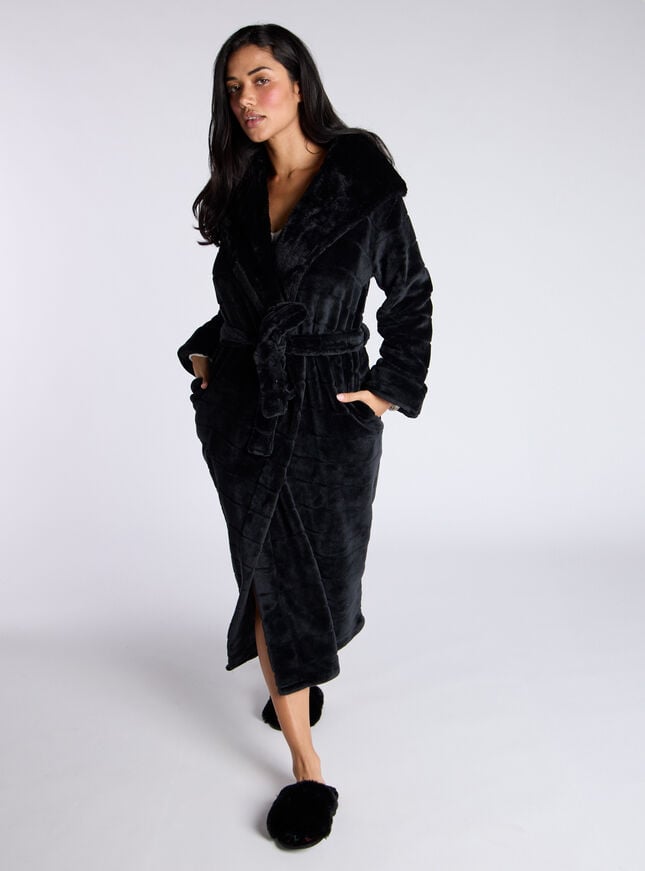 Boux Avenue Fluffy Cut Fur Long Dressing Gown - Black