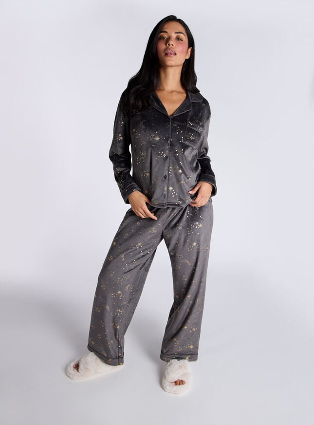 Boux Avenue Foil Star & Moon Velour Pyjama Set - Charcoal