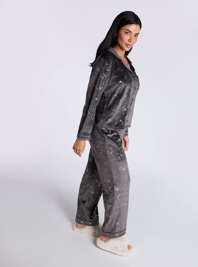 Boux Avenue Foil Star & Moon Velour Pyjama Set - Charcoal