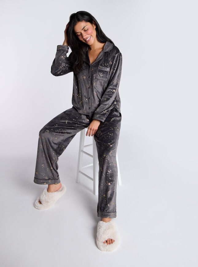 boux avenue Foil star & moon velour pyjama set - Charcoal