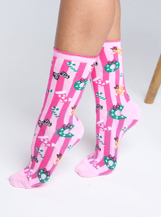 boux avenue Gingerbread stripe cotton socks in a bag - Pink Mix