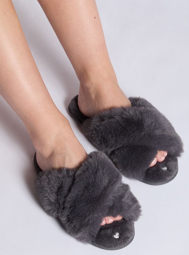 Boux Avenue Heart Embroidered Cross Band Slider Slippers - Charcoal