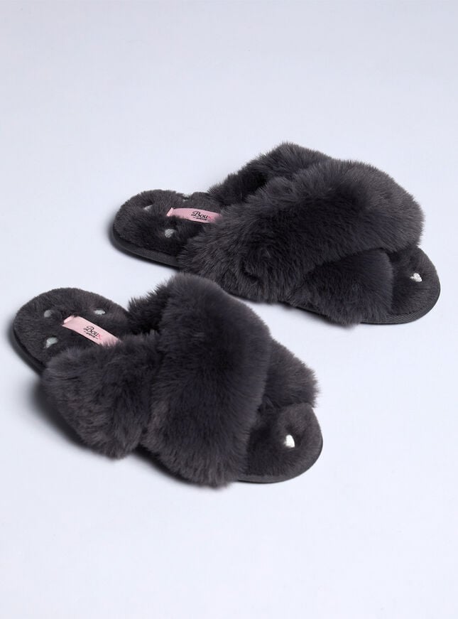 Boux Avenue Heart Embroidered Cross Band Slider Slippers - Charcoal