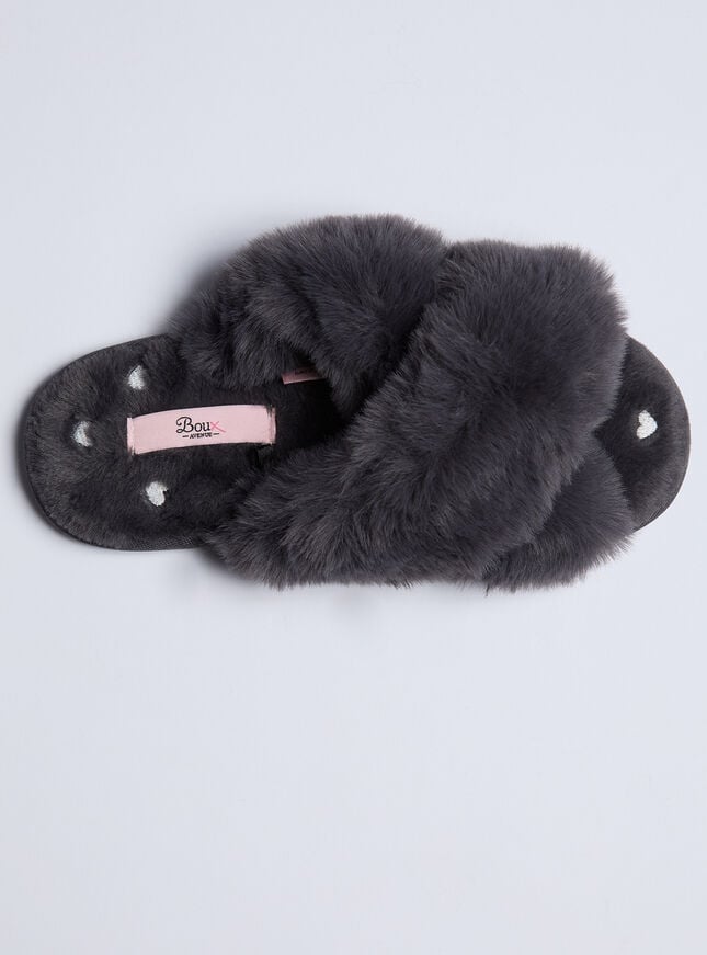 boux avenue Heart embroidered cross band slider slippers - Charcoal