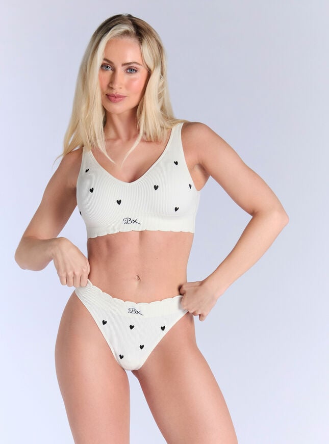 Boux Avenue Heart Embroidered Ribbed Seamless Thong - Cream