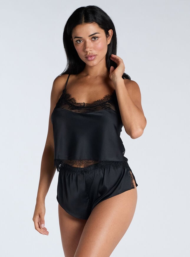 boux avenue Luxe satin & eyelash lace short pyjama set - Black