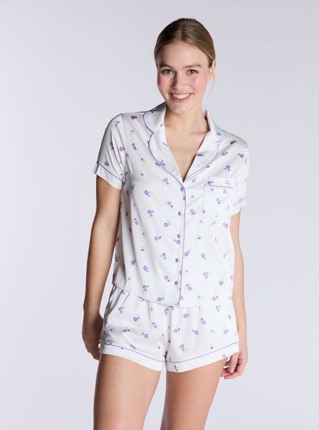 Boux Avenue Luxe Satin Floral Short Pyjama Set - White Mix