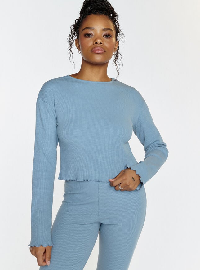 boux avenue Ribbed cotton long sleeve top - Steel Blue