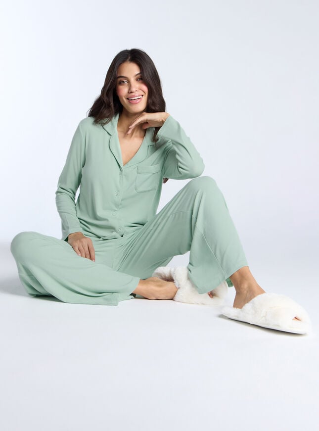 Boux Avenue Ribbed Modal Wide Leg Pyjama Trousers - Sage Green