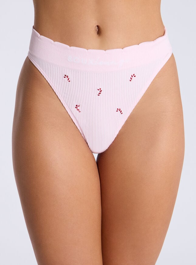 boux avenue Ribbed seamless candy cane embroidered thong - Pink