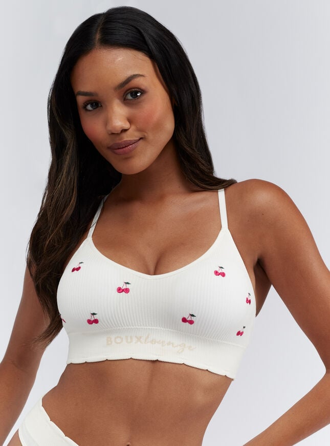 boux avenue Ribbed seamless cherry embroidered bralette - Ivory Mix