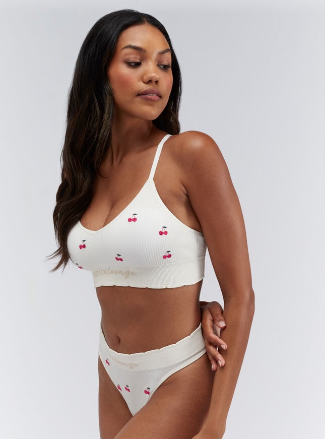 Boux Avenue Ribbed Seamless Cherry Embroidered Thong - Ivory Mix