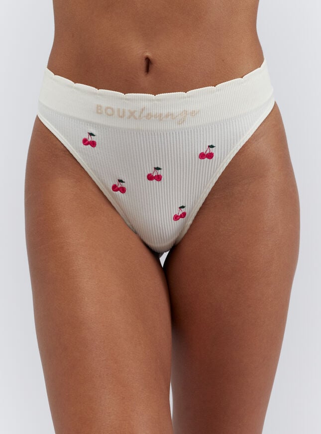 boux avenue Ribbed seamless cherry embroidered thong - Ivory Mix