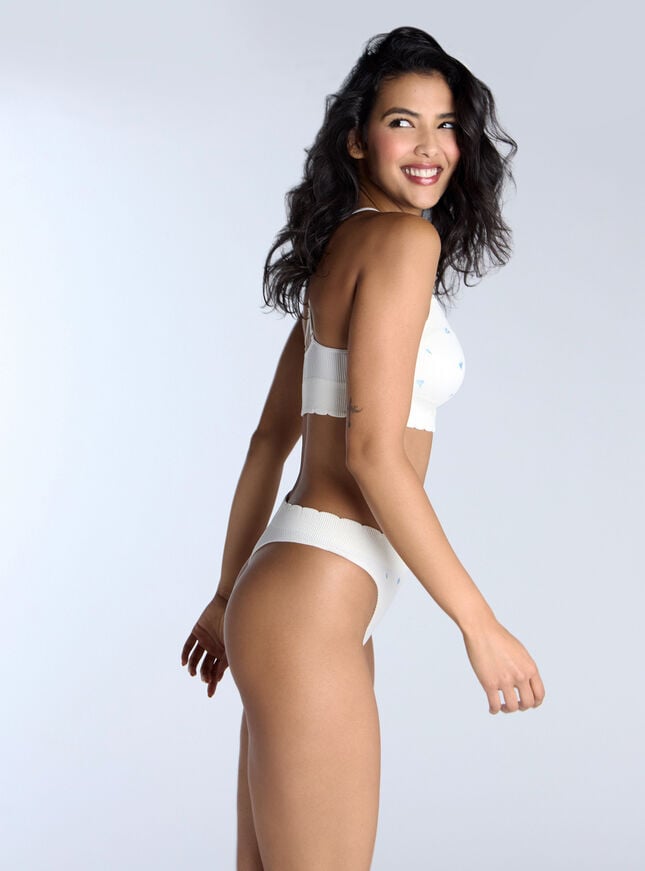 Boux Avenue Ribbed Seamless Floral Embroidered Thong - Ivory Mix