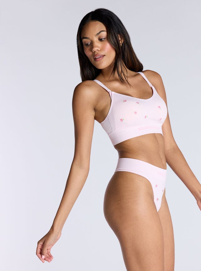 Boux Avenue Ribbed Seamless Floral Embroidered Thong - Pink Mix