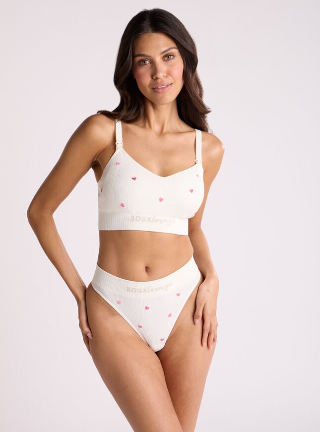 Boux Avenue Ribbed Seamless Heart Embroidered Thong - Ivory Mix