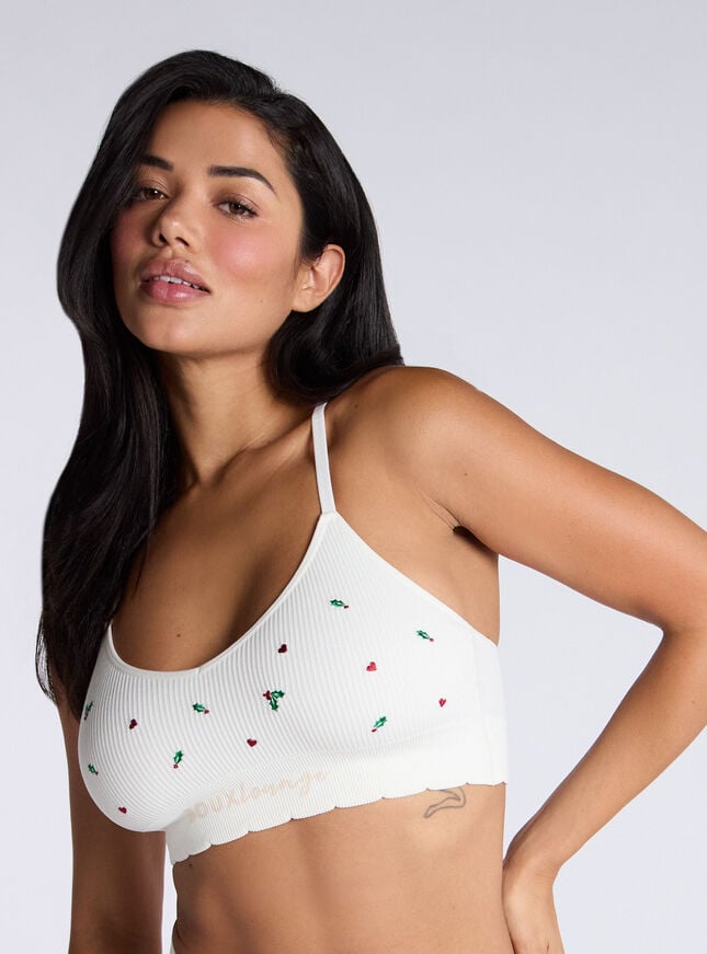 boux avenue Ribbed seamless holly embroidered bralette - Ivory Mix