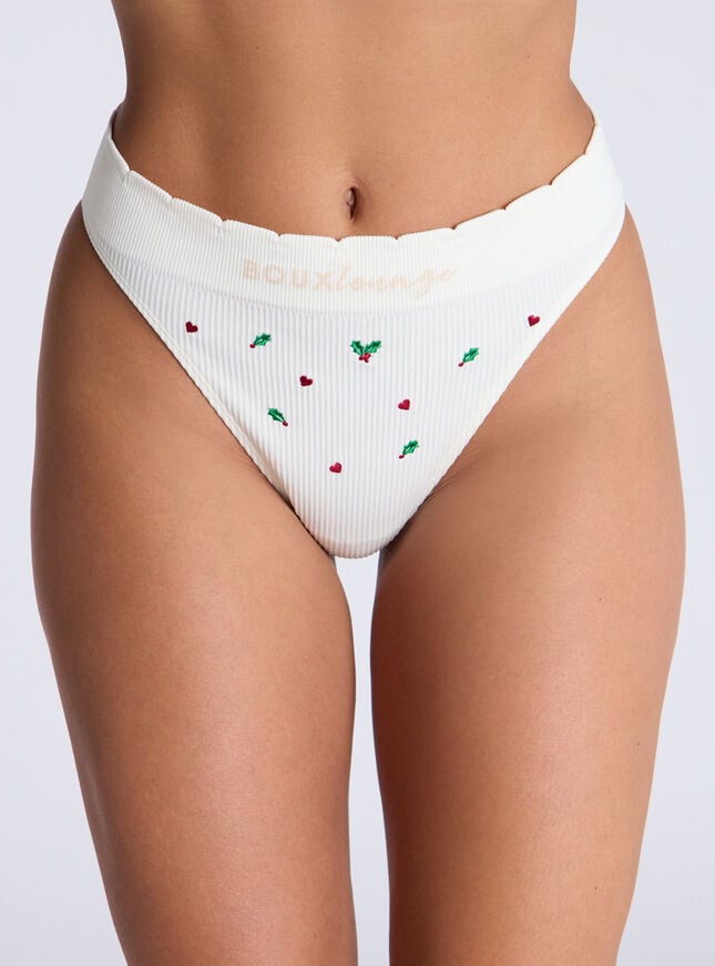 boux avenue Ribbed seamless holly embroidered thong - Ivory Mix