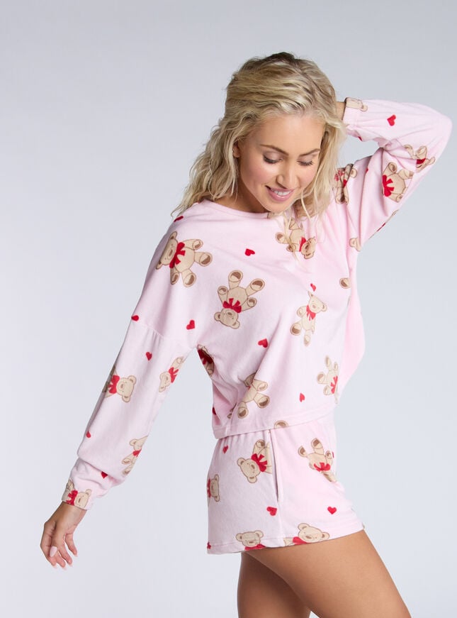 Boux Avenue Teddy Bear Velour Short Pyjama Set - Pink Mix