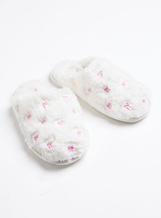 Boux Avenue Teddy Fleece Bow Embroidered Mule Slippers - Ivory