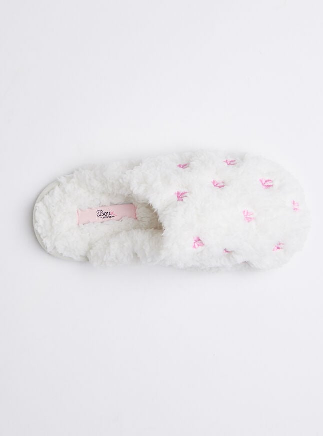 Boux Avenue Teddy Fleece Bow Embroidered Mule Slippers - Ivory