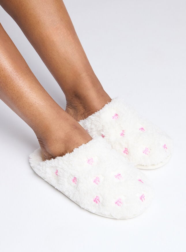boux avenue Teddy fleece bow embroidered mule slippers - Ivory