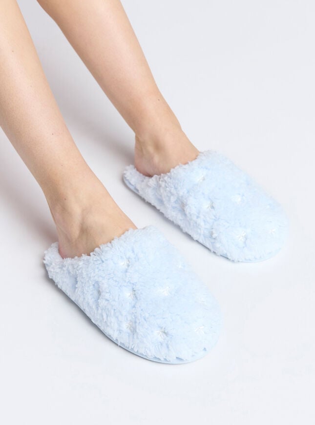 Boux Avenue Teddy Fleece Bow Embroidered Mule Slippers - Powder Blue