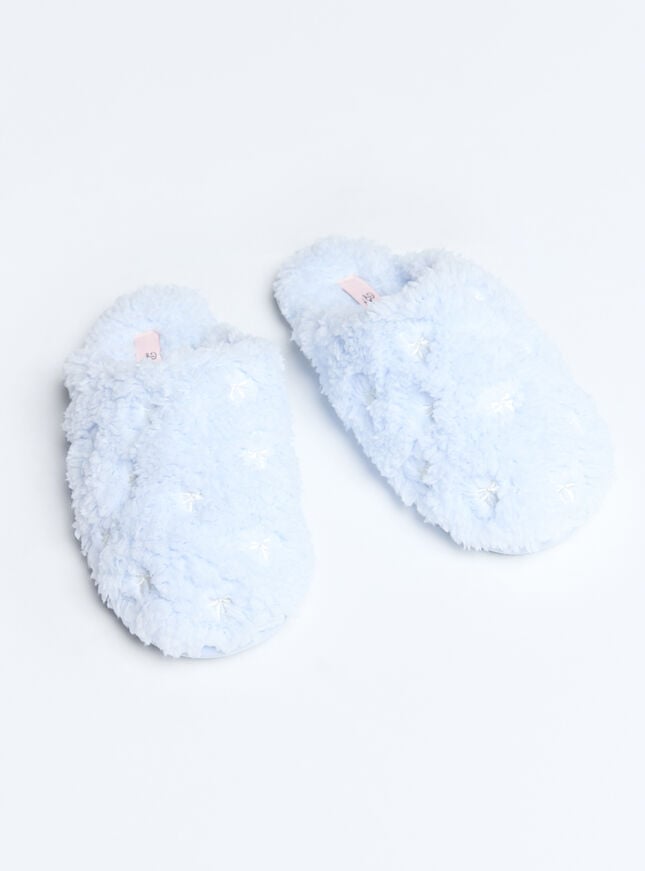 Boux Avenue Teddy Fleece Bow Embroidered Mule Slippers - Powder Blue