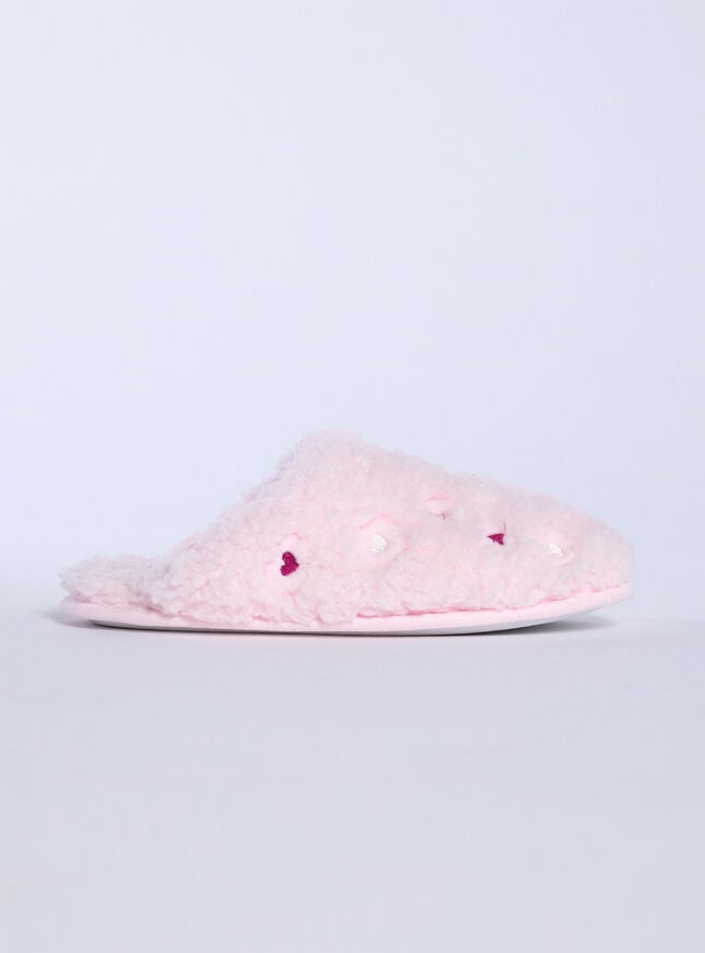 Boux Avenue Teddy Fleece Heart Embroidered Mule Slippers - Powder Pink