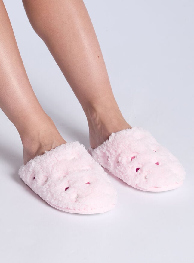 Boux Avenue Teddy Fleece Heart Embroidered Mule Slippers - Powder Pink