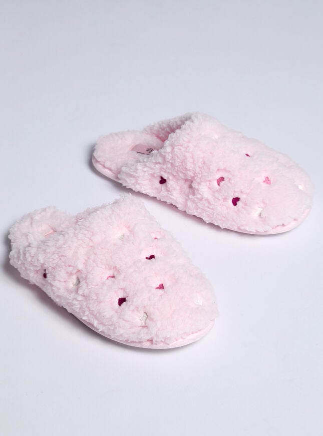Boux Avenue Teddy Fleece Heart Embroidered Mule Slippers - Powder Pink