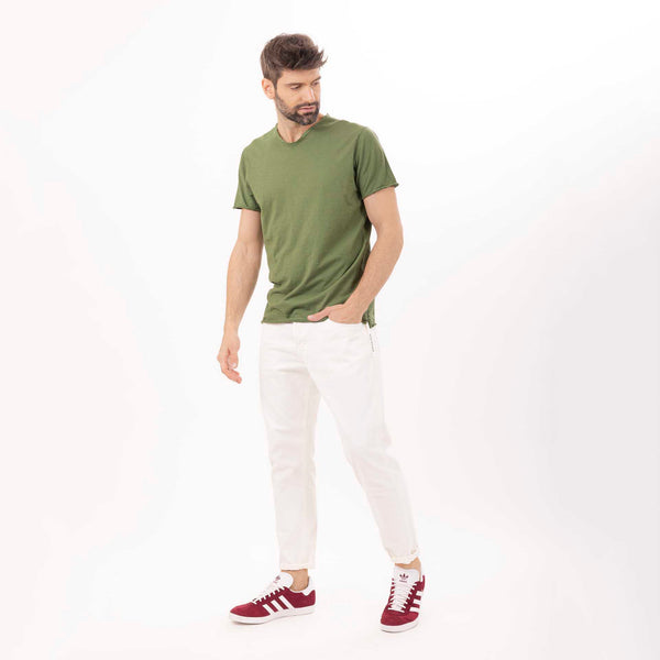 Bowery Nyc MAN'S ESSENTIAL V-NECK SHORT SLEEVE T-SHIRT RAW HEM - SLUB JERSEY