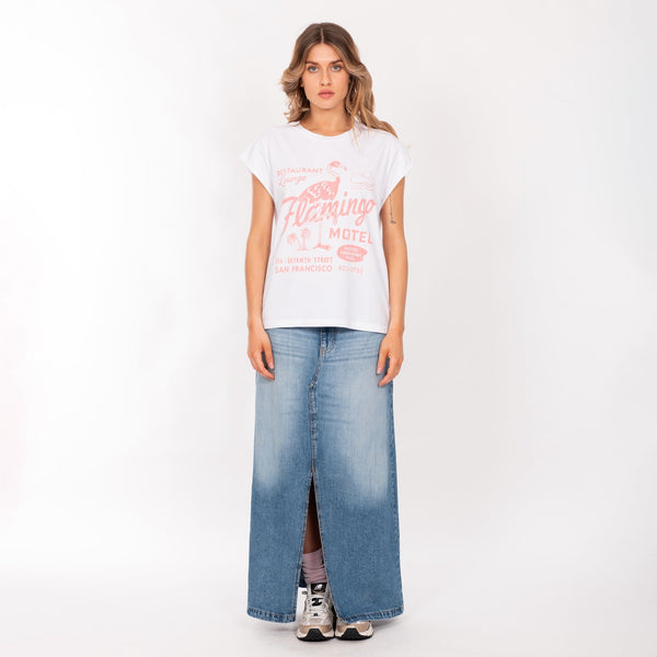 Bowery Nyc WOMAN'S "FLAMINGO MOTEL" CREW NECK ROLLED UP S/S T-SHIRT - SOFT JERSEY - BOXY FIT
