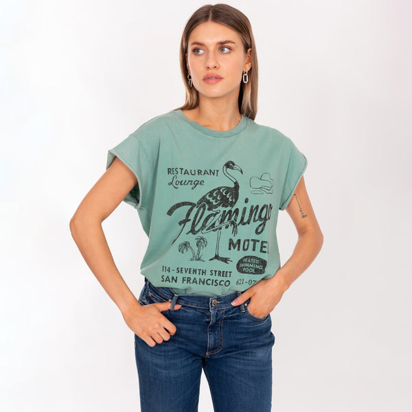 Bowery Nyc WOMAN'S "FLAMINGO MOTEL" CREW NECK ROLLED UP S/S T-SHIRT - SOFT JERSEY - BOXY FIT