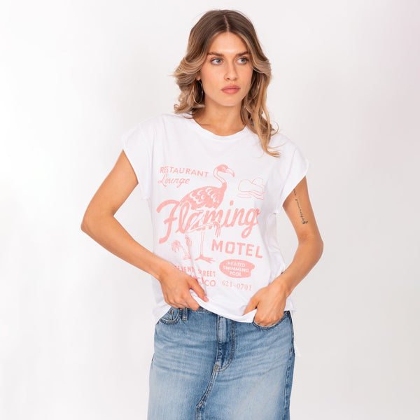 bowery nyc WOMAN'S "FLAMINGO MOTEL" CREW NECK ROLLED UP S/S T-SHIRT - SOFT JERSEY - BOXY FIT