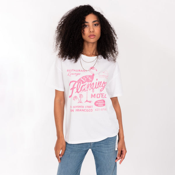bowery nyc WOMAN'S "FLAMINGO MOTEL" CREW NECK S/S T-SHIRT - VINTAGE JERSEY - BOY FIT