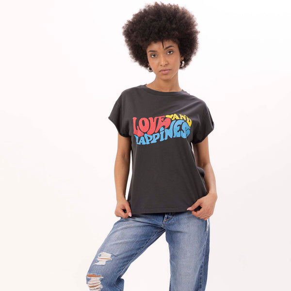 bowery nyc WOMEN'S "LOVE AND HAPPINESS" CREWNECK BOXY T-SHIRT - VINTAGE JERSEY