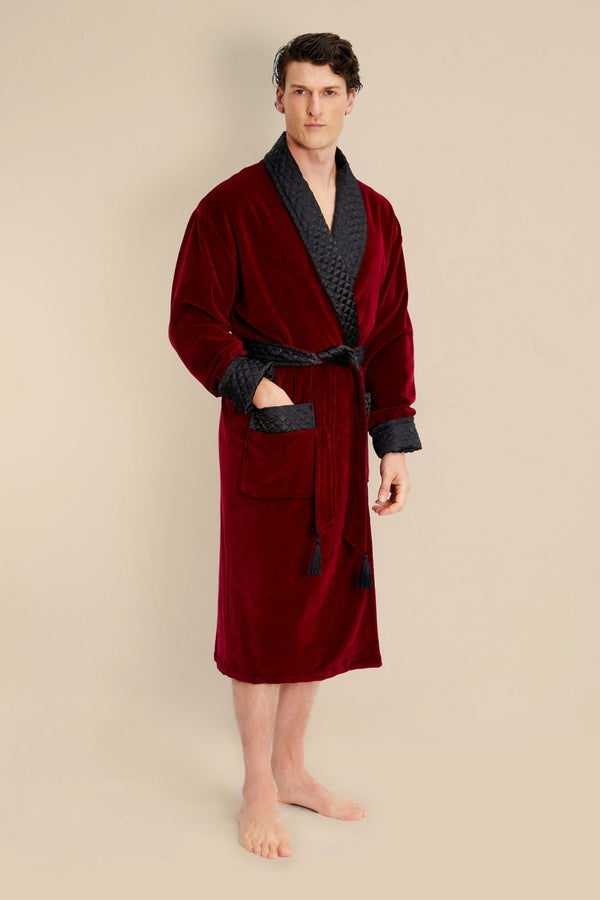 Bown Of London Astor Luxury Cotton Long Velvet Smoking Jacket In Burgundy Size *