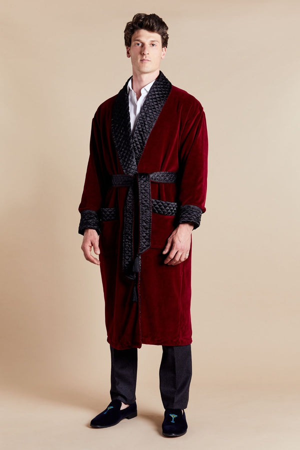 Bown Of London Astor Luxury Cotton Long Velvet Smoking Jacket In Burgundy Size *