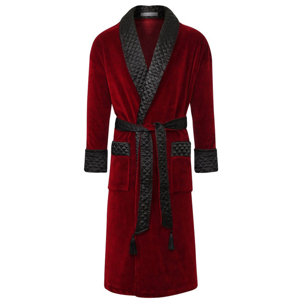 bown of london Astor Luxury Cotton Long Velvet Smoking Jacket in Burgundy Size *