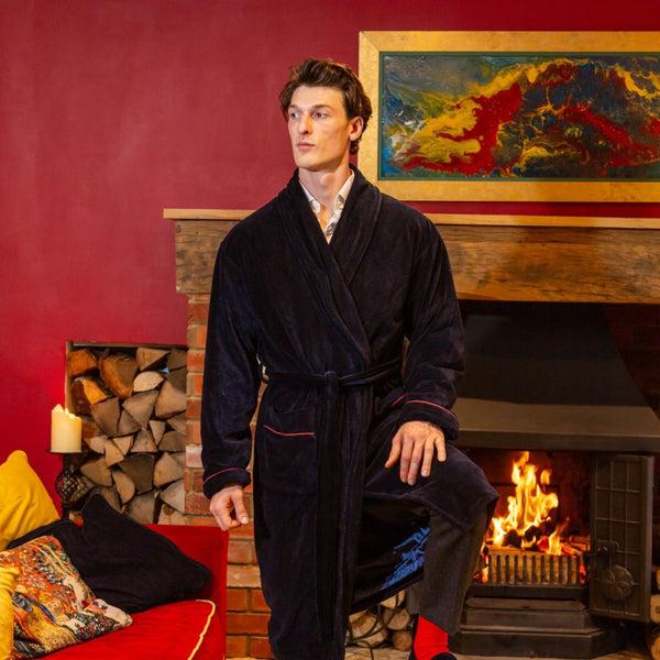 Bown Of London Carnegie Luxury Cotton Long Velvet Smoking Jacket In Navy Size *