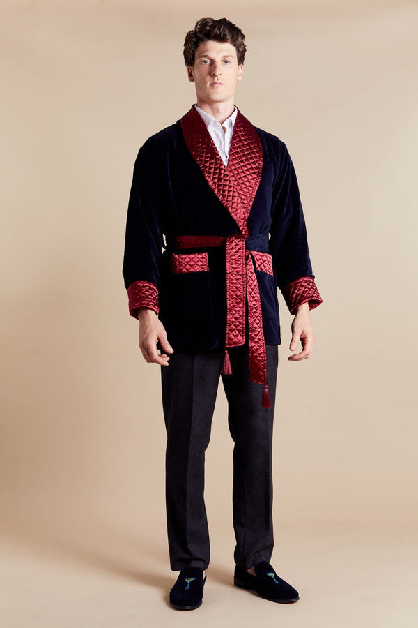 Bown Of London Cliveden Short Velvet Navy Smoking Jacket Robe Size *