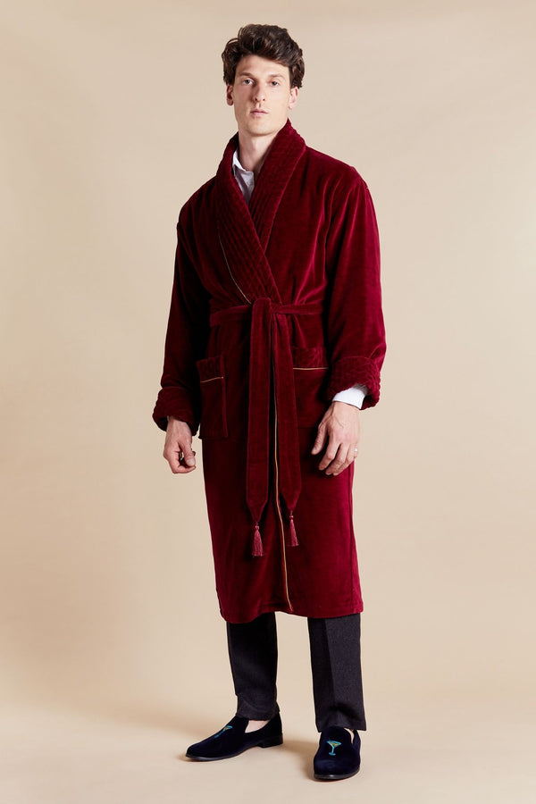 Bown Of London Donington Long Velvet Smoking Jacket In Burgundy Size *