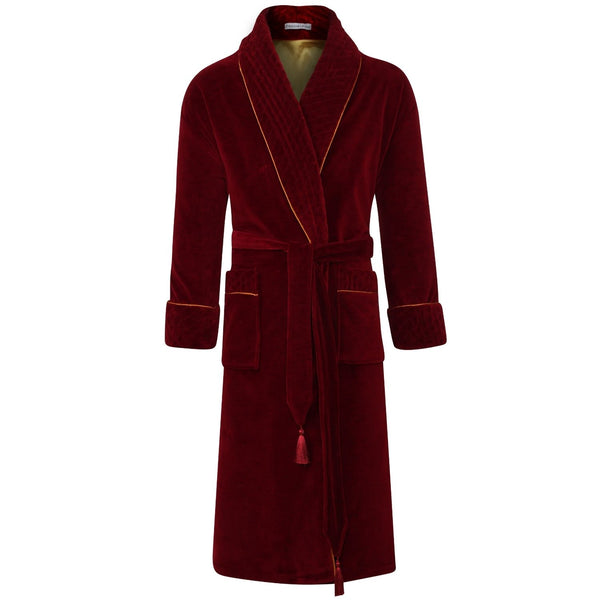 bown of london Donington Long Velvet Smoking Jacket in Burgundy Size *