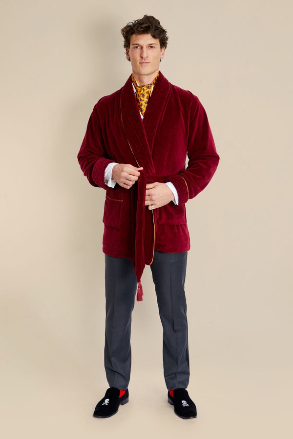 Bown Of London Howard Cotton Short Velvet Smoking Jacket In Burgundy Size *