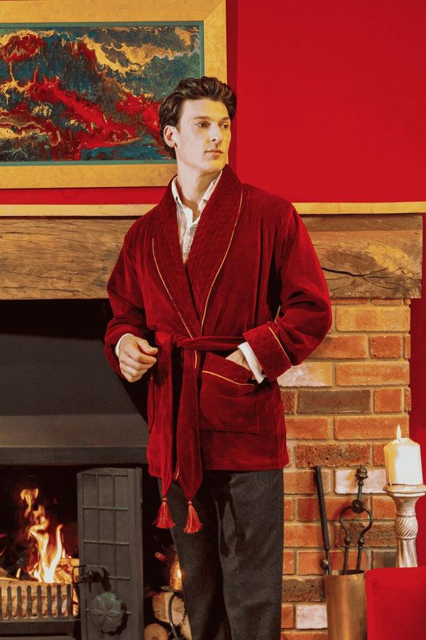 Bown Of London Howard Cotton Short Velvet Smoking Jacket In Burgundy Size *