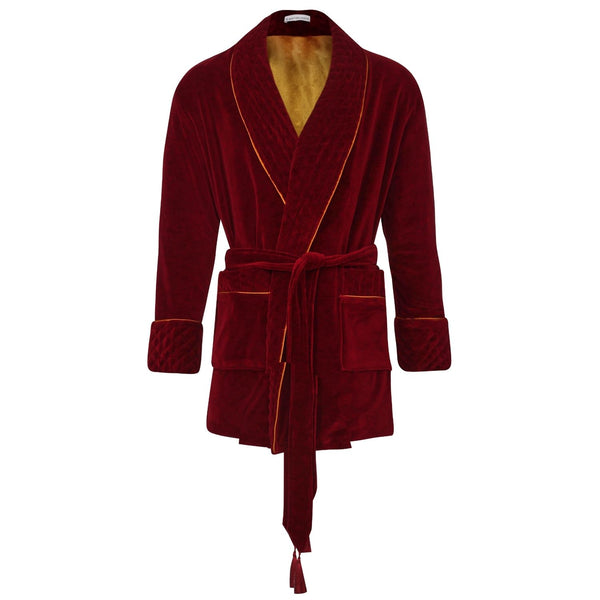 bown of london Howard Cotton Short Velvet Smoking Jacket in Burgundy Size *