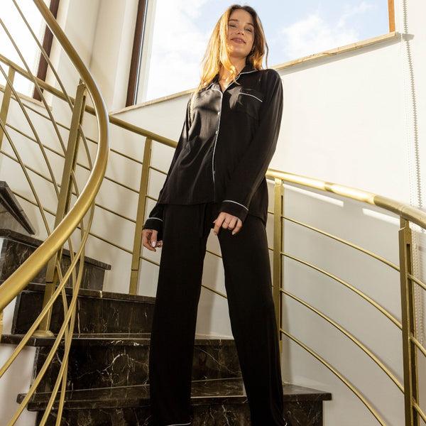 Bown Of London Ladies Vegan Silk Pyjama- Zumra Black Print Size *